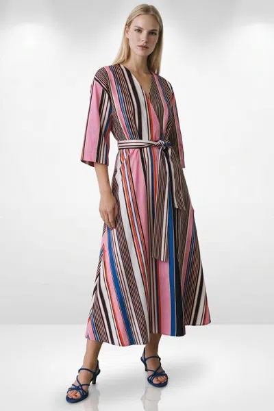 Exquise Double Breasted Striped Midi Dress With Tie Waist In Multi