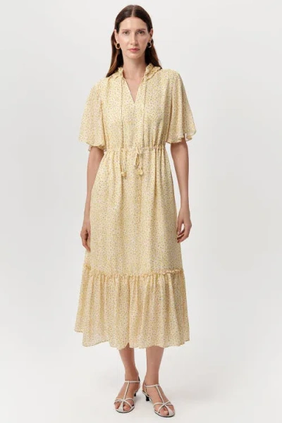 Exquise Douglas Short Sleeve Tie Waist Lined Printed Midi Dress In Yellow