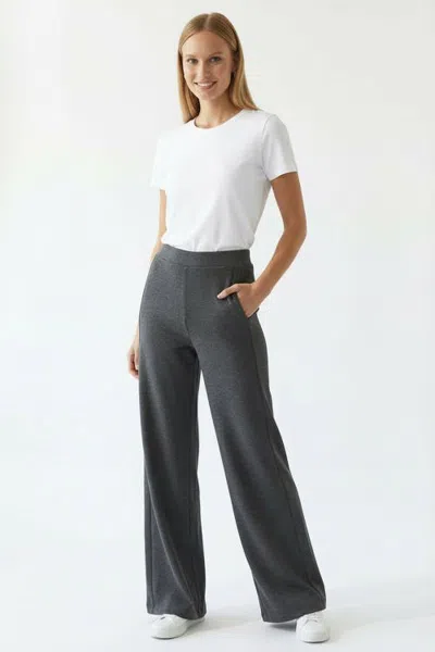 Exquise Drawstring Waist Wide Leg Knit Pants In Gray