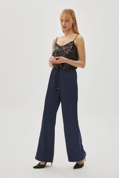 Exquise Drawstring Wide Leg Trousers In Blue
