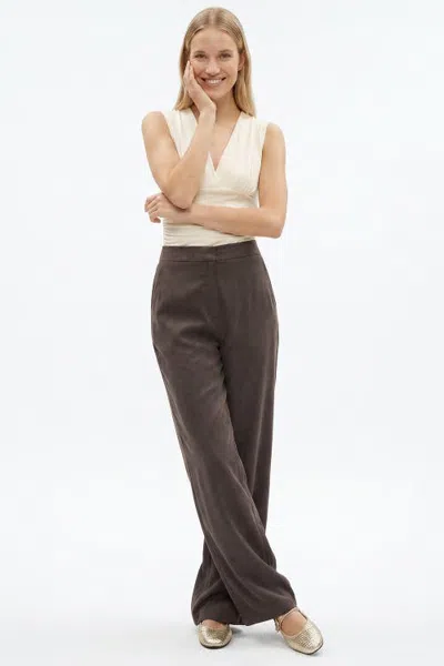 Exquise Elastic Back Wide Leg Trousers With Pockets In Brown
