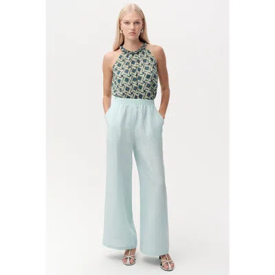 Exquise Elasticated Waist Linen Blend Trousers With Pockets In Blue