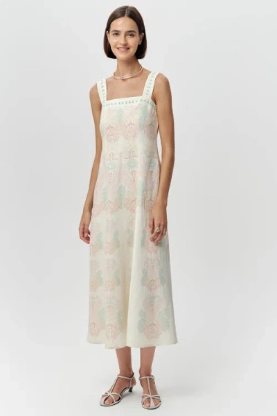 Exquise Elvis Square Neck Linen Midi Dress In Neutral