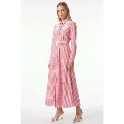 Exquise Embroidered Long Sleeve Midi Shirt Dress With Belt In Pink