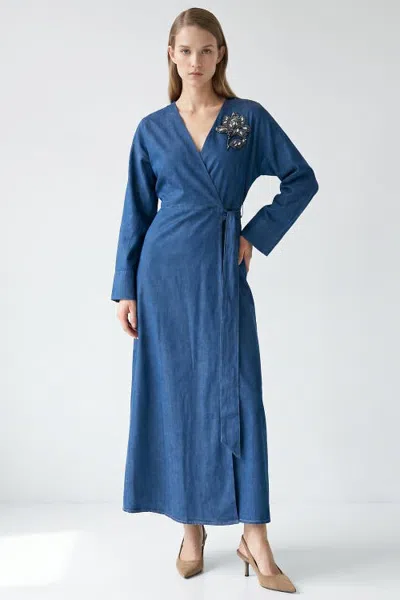 Exquise Embroidered Long Sleeve Wrap Midi Dress With Belt In Blue