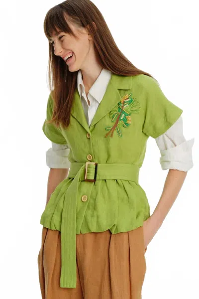 Exquise Embroidered Low Sleeve Balloon Cut Linen Shirt In Green