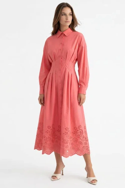 Exquise Faun Shirt Collar Long Sleeve Embroidered Midi Dress In Pink