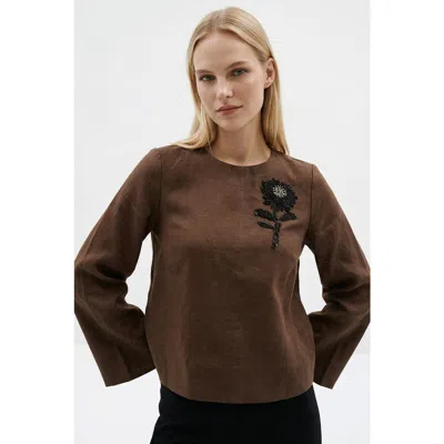 Exquise Fifine Long Sleeve Linen Blouse In Brown