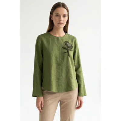 Exquise Fifine Long Sleeve Linen Blouse In Green