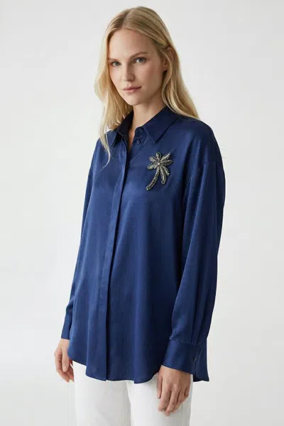Exquise Fleurettet Embroidered Long Sleeve Satin Shirt In Blue