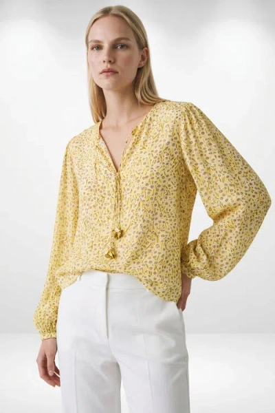 Exquise Florenz Crew Neck Tie Front Patterned Blouse In Yellow