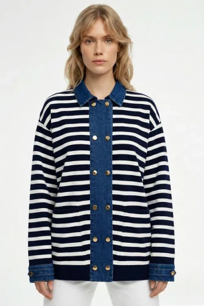 Exquise Gaetan Long Sleeve Striped Knit Cardigan In Blue