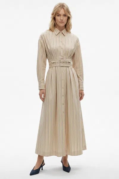 Exquise Galatee Striped Belted Midi Shirt Dress In Neutral
