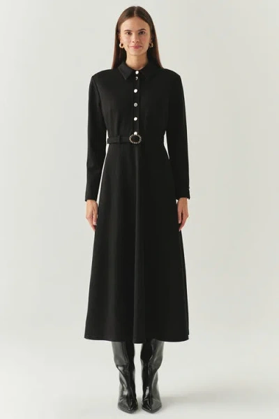 Exquise Georgina Shirt Collar Long Sleeve Knit Dress With Pockets In Black
