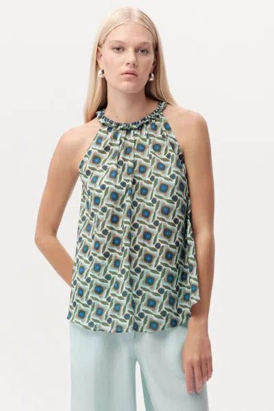 Exquise Grant Ruffle Halter Neck Cotton Blouse In Green