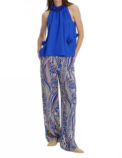 Exquise High Neck Blouse With Tie In Sax In Blue