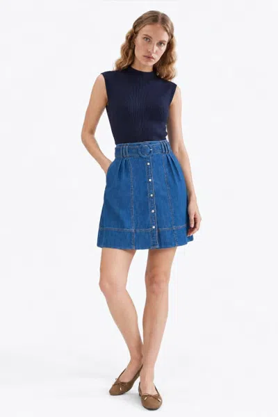 Exquise High Waisted Mini Skirt With Belt And Pockets In Blue