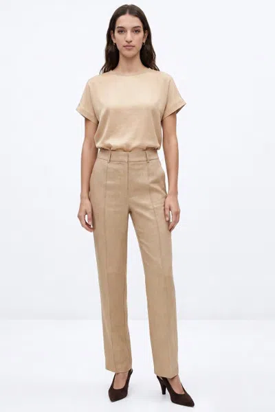 Exquise High Waisted Straight Leg Linen Blend Trousers In Brown