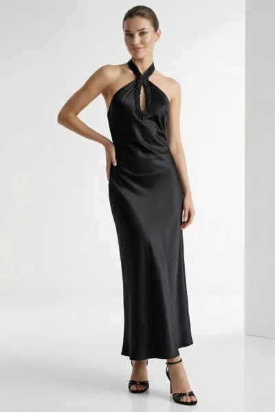 Exquise Jennifer Beaded Halter Neck Satin Maxi Dress In Black