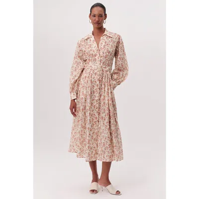Exquise Katie Fitted Waist Floral Midi Shirt Dress In Pink