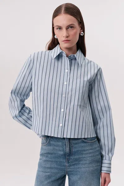 Exquise Kaylie Collar Side Slit Striped Shirt In Blue