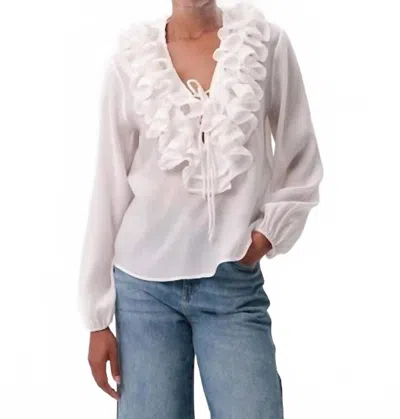 Exquise Keely V Neck Ruffled Blouse In White In Pink