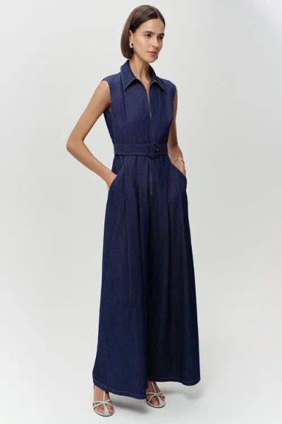 Exquise Keith Sleeveless Front Zipper Belted Denim Jumpsuit In Blue