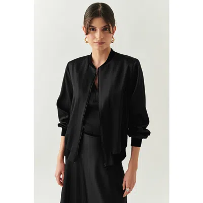 Exquise Lacey Satin Bomber Jacket In Black