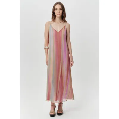 Exquise Layana V Neck Spaghetti Strap Striped Midi Dress In Black