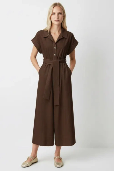 Exquise Leatrice Short Sleeve Belted Midi Jumpsuit In Brown
