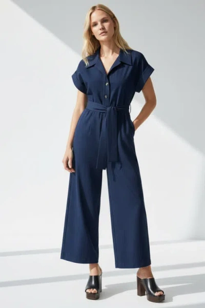 Exquise Leatrice Short Sleeve Belted Midi Jumpsuit In Blue