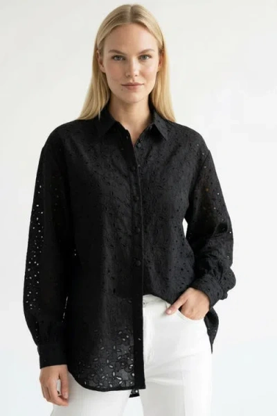 Exquise Long Sleeve Broderie Anglaise Shirt In Black