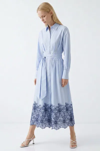 Exquise Long Sleeve Broderie Hem Belted Regular Midi Dress In Blue