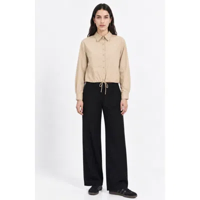 Exquise Long Sleeve Button Up Shirt With Elastic Waist In Neutral
