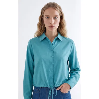 Exquise Long Sleeve Button Up Shirt With Elastic Waist In Blue