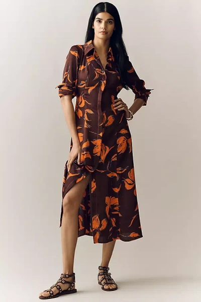 Exquise Long-sleeve Satin Shirt Dress In Pattern