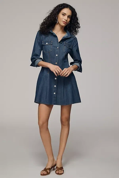 Exquise Long-sleeve Waisted Denim Mini Shirt Dress In Blue