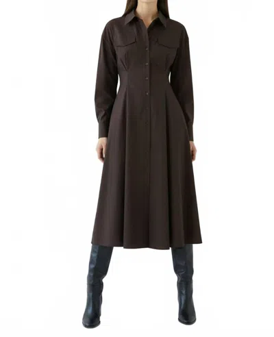 Exquise Long Sleeves Slim Fit Midi Dress With Shirt Collar In Brown