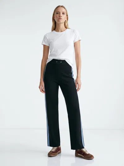 Exquise Macey Wide Leg Knit Trousers With Denim Side Stripes In Blue