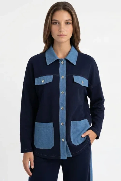 Exquise Makena Long Sleeve Pocket Knit Jacket In Blue