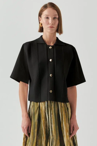 Exquise Marilyn Shirt  Knit Trim Poplin Short Sleeve Shirt In Black