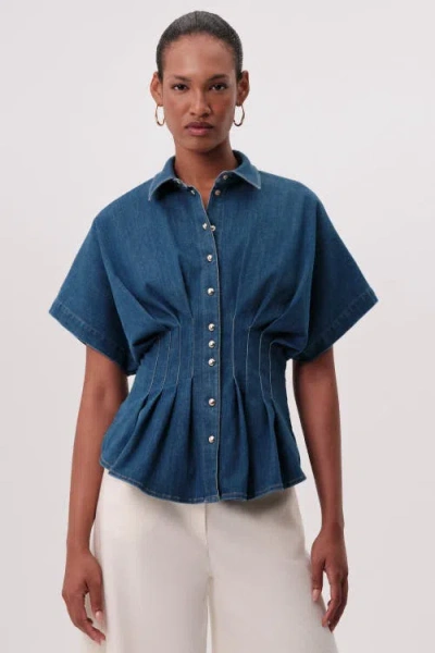 Exquise Marisa Collared Short Sleeve Denim Shirt In Blue