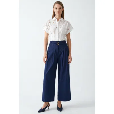 Exquise Mckenna Belted High Waisted Pleated Pants In Blue