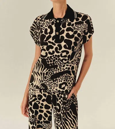 Exquise Modern Safari Polo Top In Black/beige