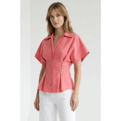 Exquise Mollie Shirt Collar Front Tie Fitted Shirt In Pink