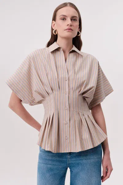 Exquise Nataly Collar Pleated Fitted Striped Shirt In Multi Color