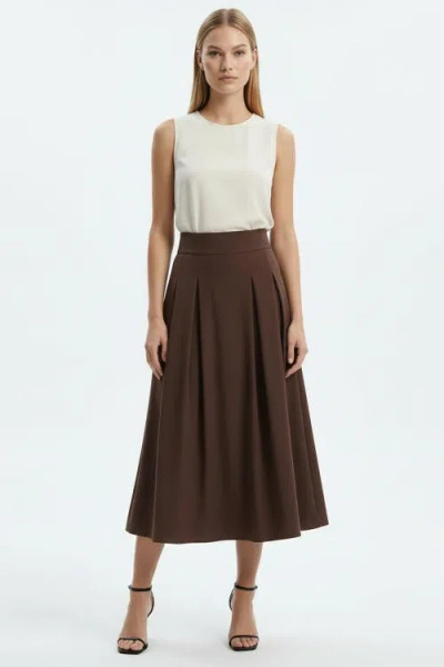 Exquise Nayaine Pleated Elasticated Back Midi Skirt In Brown
