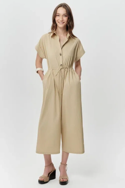 Exquise Nixie Shirt Collar Short Sleeve Drawstring Waist Jumpsuit In Neutral