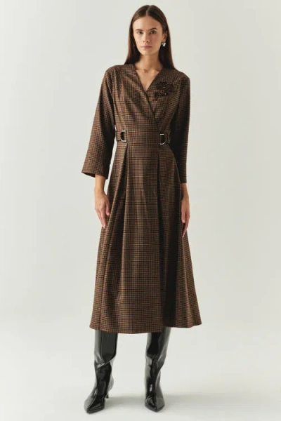 Exquise Notched Lapel Plaid Wrap Midi Dress In Brown