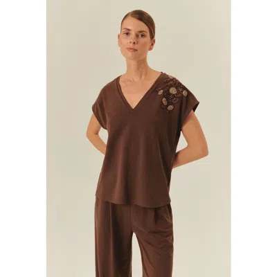 Exquise Oaklyn T-shirt  Polished Embellished Cotton Tee In Brown